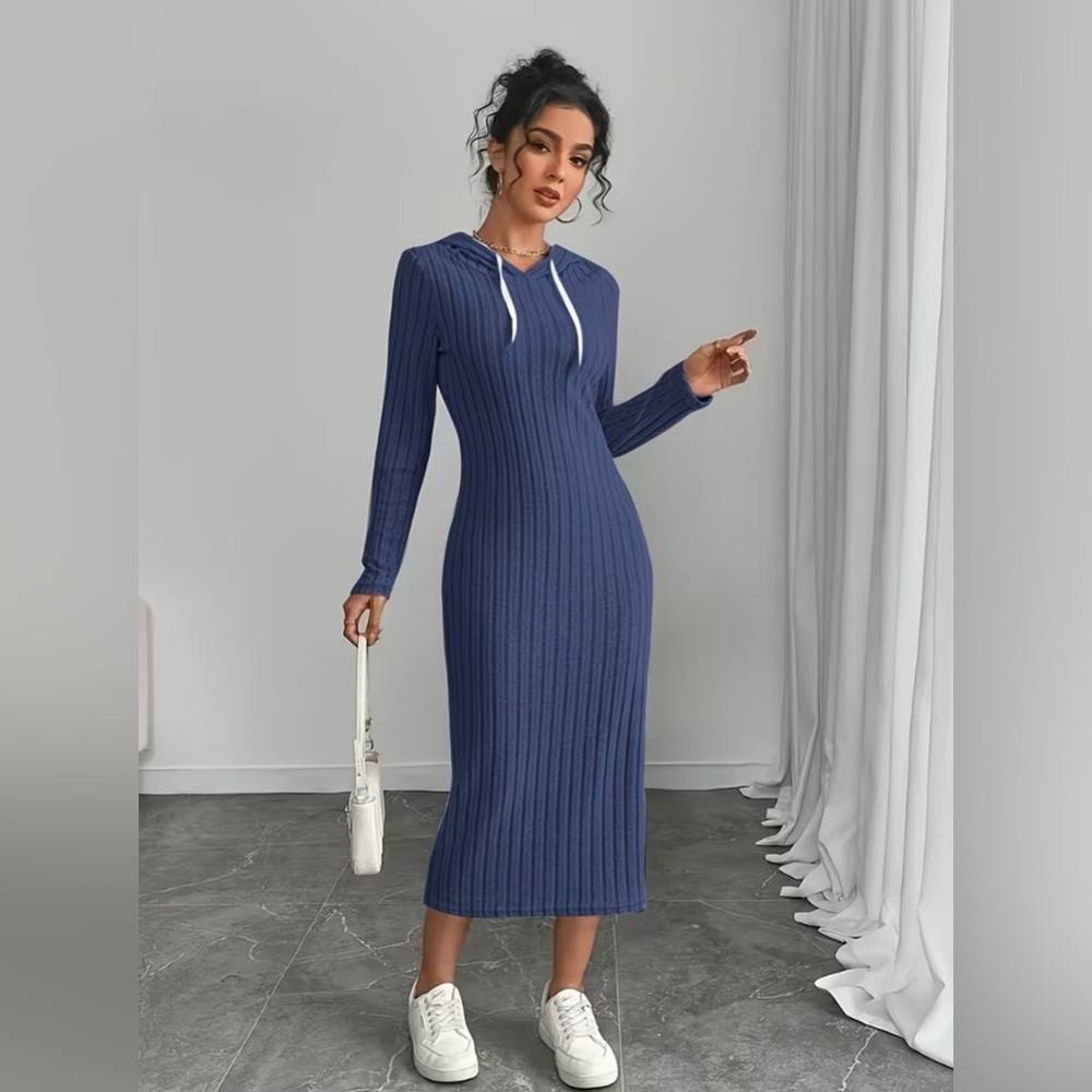 Elegant Blue Ribbed Cozy Knit Hoodie Dress breathable lightweight material New - Picture 3 of 4